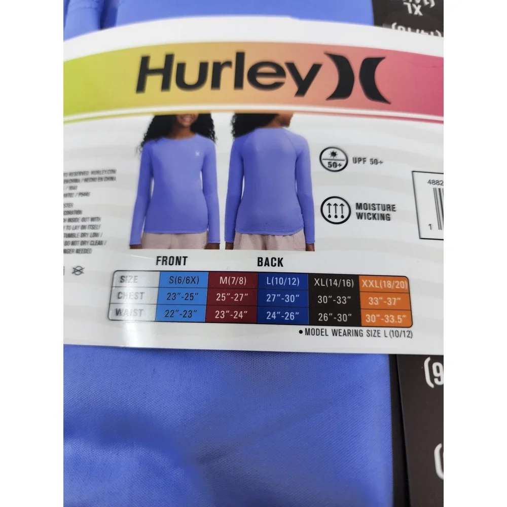 Hurley Girls Long Sleeve UPF Swim Top Blue Rash Guard Athletic Size XL (14/16)